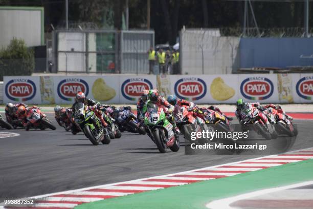 Xavi Fores of Spain and Barni Racing Team leads the field during the Superbike race 2 during the WorldSBK Riviera di Rimini - Race on July 8, 2018 in...