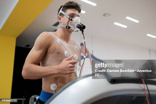 Mattia Caldara of Juventus attends medical tests at Jmedical on July 8, 2018 in Turin, Italy.