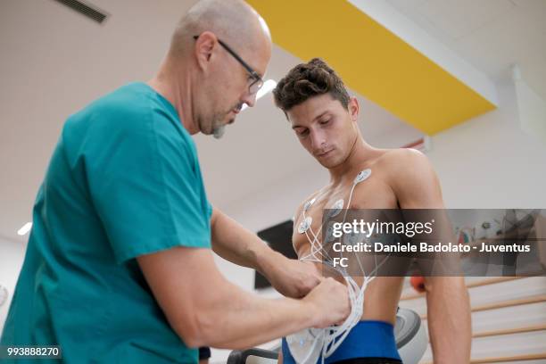 Mattia Caldara of Juventus attends medical tests at Jmedical on July 8, 2018 in Turin, Italy.