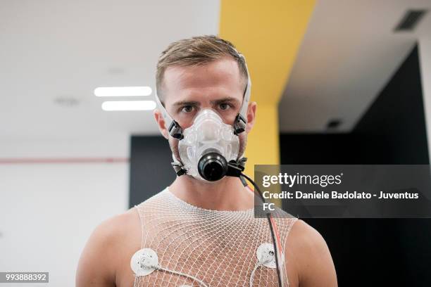 Miralem Pjanic of Juventus attends medical tests at Jmedical on July 8, 2018 in Turin, Italy.