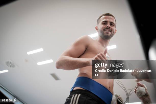 Miralem Pjanic of Juventus attends medical tests at Jmedical on July 8, 2018 in Turin, Italy.