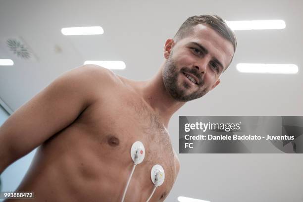 Miralem Pjanic of Juventus attends medical tests at Jmedical on July 8, 2018 in Turin, Italy.