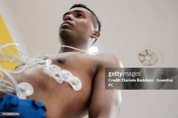 Alex Sandro of Juventus attends medical tests at Jmedical on July 8, 2018 in Turin, Italy.