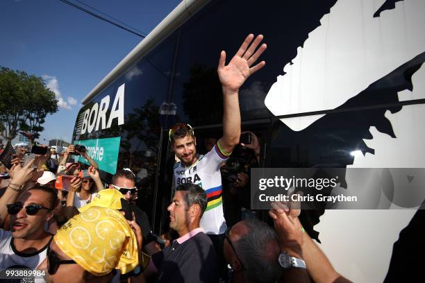 Peter Sagan of Slovakia and Team Bora Hansgrohe celebrates after winning stage two of the 105th Tour de France 2018, a 182,5km stage from...