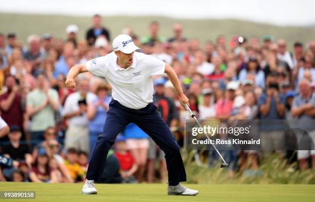 Russell Knox of Scotland celebrates after a birdie on the first play off hole against Ryan Fox of Neew Zealand during the final round of the Dubai...