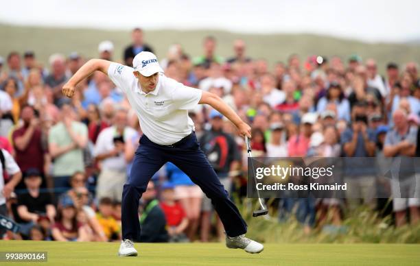 Russell Knox of Scotland celebrates after a birdie on the first play off hole against Ryan Fox of Neew Zealand during the final round of the Dubai...