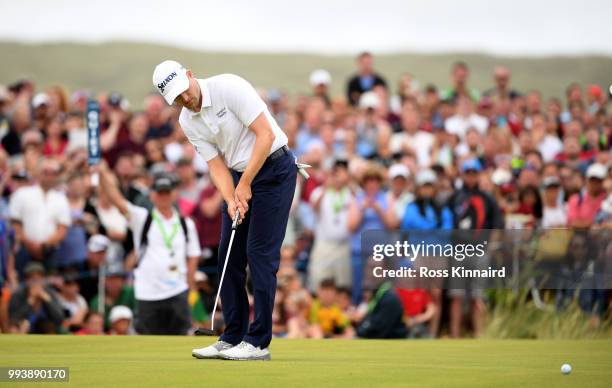 Russell Knox of Scotland celebrates after a birdie on the first play off hole against Ryan Fox of Neew Zealand during the final round of the Dubai...