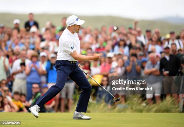 Russell Knox of Scotland celebrates after a birdie on the first play off hole against Ryan Fox of Neew Zealand during the final round of the Dubai...