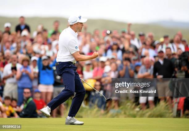 Russell Knox of Scotland celebrates after a birdie on the first play off hole against Ryan Fox of Neew Zealand during the final round of the Dubai...