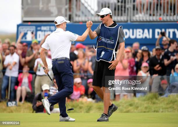 Russell Knox of Scotland celebrates after a birdie on the first play off hole against Ryan Fox of Neew Zealand during the final round of the Dubai...