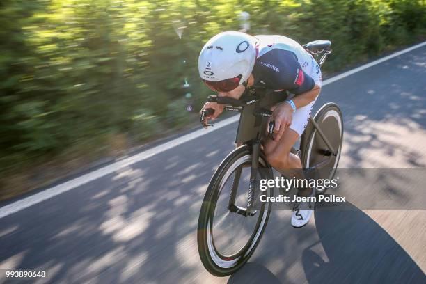 Jan Frodeno of Germany competes in the bike leg during the Mainova IRONMAN European Championship on July 8, 2018 in Frankfurt am Main, Germany.