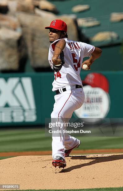 Ervin Santana of the Los Angeles Angels of Anaheim pitches against the Cleveland Indians on April 28, 2010 at Angel Stadium in Anaheim, California....