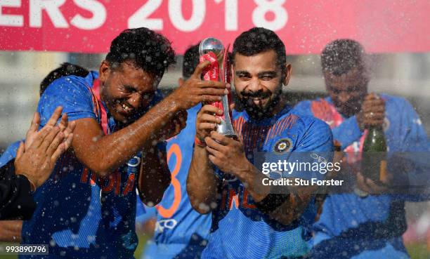 India captain Virat Kohli and team mates celebrate after the 3rd Vitality International T20 match between England and India at The Brightside Ground...