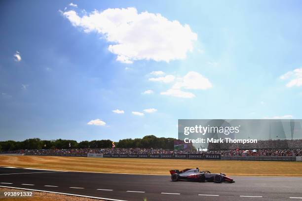 Romain Grosjean of France driving the Haas F1 Team VF-18 Ferrari on track during the Formula One Grand Prix of Great Britain at Silverstone on July...