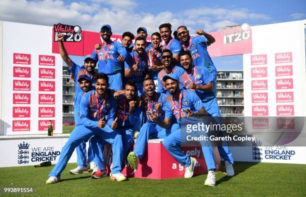India celebrate winning the Vitality International T20 series between England and India at The Brightside Ground on July 8, 2018 in Bristol, England.