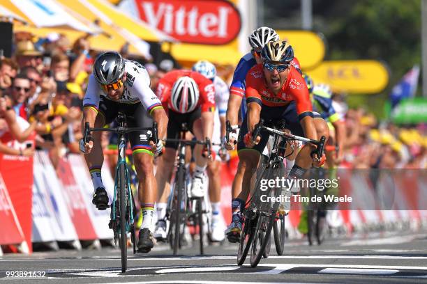 Sprint / Arrival / Peter Sagan of Slovakia and Team Bora Hansgrohe / Sonny Colbrelli of Italy and Bahrain Merida Pro Team / Arnaud Demare of France...