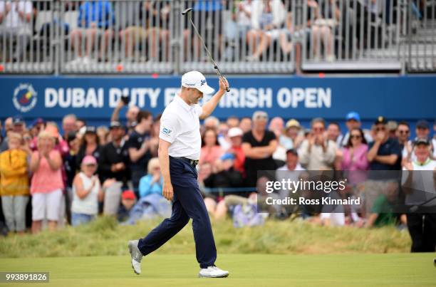 Russell Knox of Scotland celebrates after a birdie on the first play off hole against Ryan Fox of Neew Zealand during the final round of the Dubai...