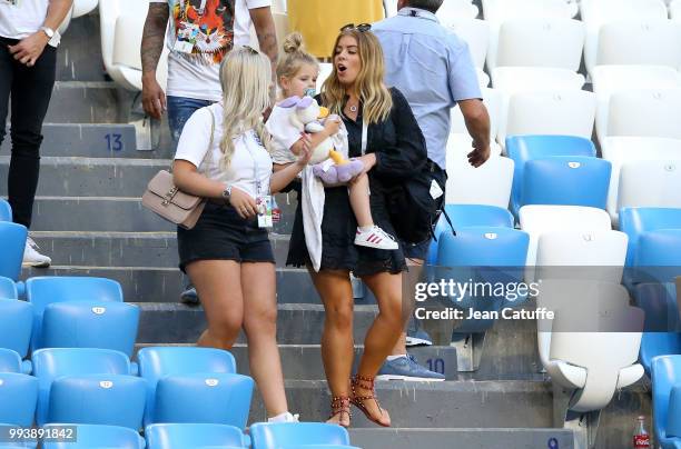 Rebecca Burnett, wife of Jordan Henderson of England and daughter Elexa Henderson celebrate the victory following the 2018 FIFA World Cup Russia...