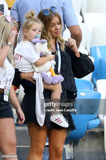 Rebecca Burnett, wife of Jordan Henderson of England and daughter Elexa Henderson celebrate the victory following the 2018 FIFA World Cup Russia...