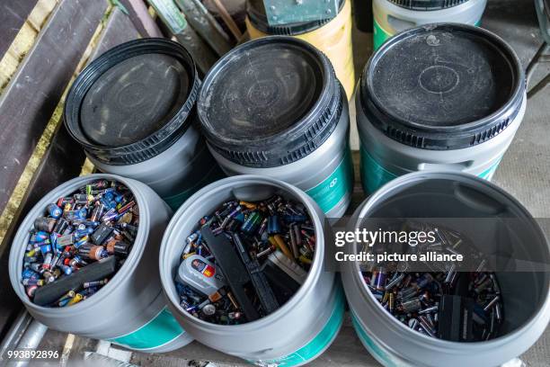 June 2018, Hanover, Germany: Batteries are in a disposal bin at a recycling center in Hanover. Whether button cell from the hearing aid or...