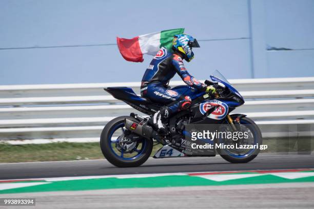 Federico Caricasulo of Italy and GRT Yamaha Official WorldSSP Team celebrates the victory at the end of the Supersport race during the WorldSBK...