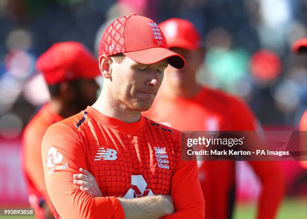 England captain Eoin Morgan looks dejected after India win the series during the Second Vitality IT20 Series Match at the Brightside Ground, Bristol.