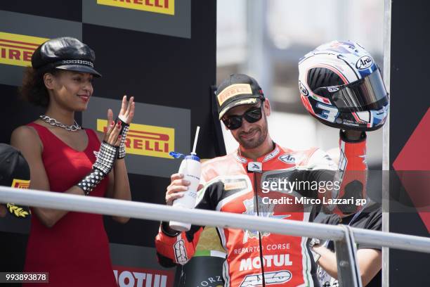 Raffaele De Rosa of Italy and MV AGUSTA REPARTO CORSE celebrates the second place on the podium at the end of the Supersport race during the WorldSBK...