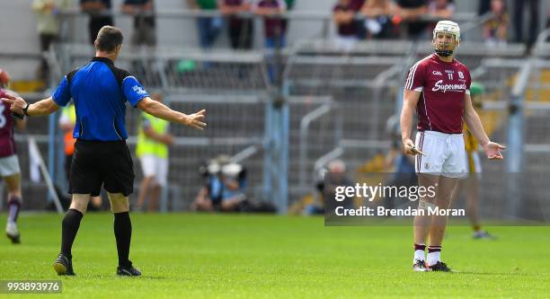 Thurles , Ireland - 8 July 2018; Joe Canning of Galway queries a hawkeye decision with referee James Owens during the Leinster GAA Hurling Senior...