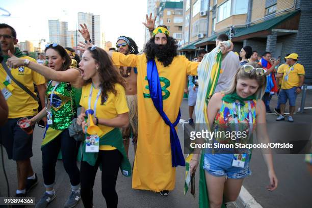 Brazil fan dressed as Jesus Christ, with reference to Gabriel Jesus of Brazil, poses before the 2018 FIFA World Cup Russia Quarter Final match...