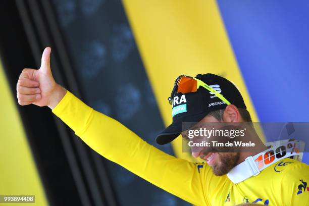 Podium / Peter Sagan of Slovakia and Team Bora Hansgrohe Yellow Leader Jersey Celebration / during the 105th Tour de France 2018, Stage 2 a 182,5km...