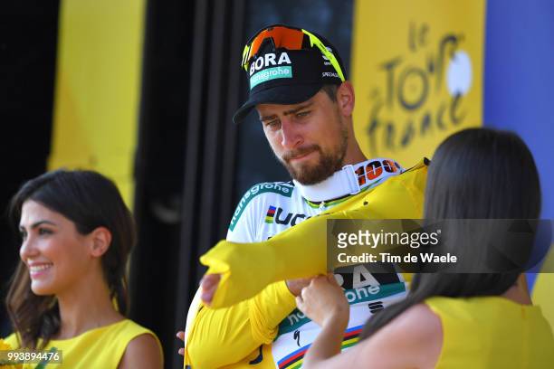 Podium / Peter Sagan of Slovakia and Team Bora Hansgrohe Yellow Leader Jersey Celebration / during the 105th Tour de France 2018, Stage 2 a 182,5km...