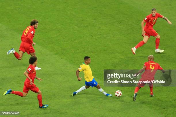 Gabriel Jesus of Brazil is surrounded by Belgium defenders during the 2018 FIFA World Cup Russia Quarter Final match between Brazil and Belgium at...