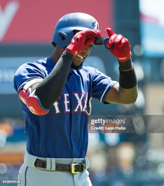 Jurickson Profar of the Texas Rangers celebrates a first inning home run during the game against the Detroit Tigers at Comerica Park on July 8, 2018...