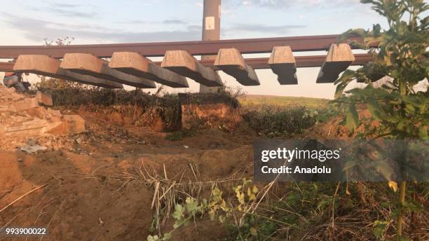 Photo shows the railroad tracks after several bogies of a passenger train derailed at the Sarilar village of Tekirdags Corlu district on July 8,...