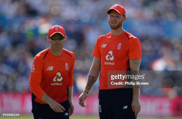 Eoin Morgan and Ben Stokes of England during the 3rd Vitality International T20 between England and India on July 8, 2018 in Bristol, England.