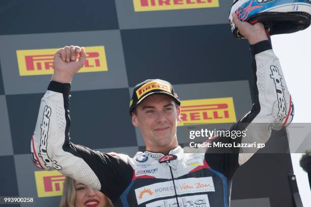 Markus Reiterberger of Germany and Alpha Racing Van Zon BMW celebrates on the podium the victory at the end of the Superstock1000 race during the...