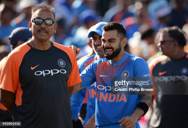 Ravi Shastri and Virat Kohli of India after the 3rd Vitality International T20 between England and India on July 8, 2018 in Bristol, England.