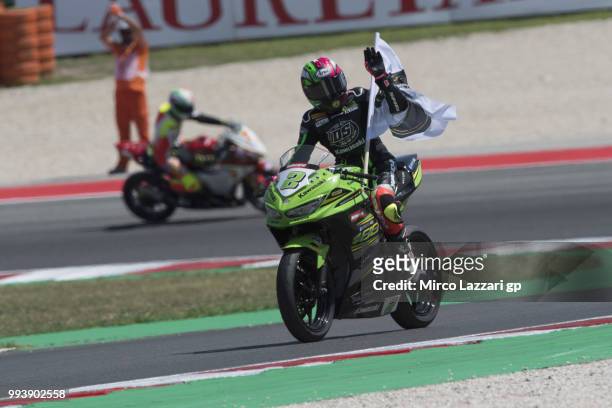 Ana Carrasco of Spain and DS Junior Team greets the fans at the end of the Supersport 300 race during the WorldSBK Riviera di Rimini - Race on July...