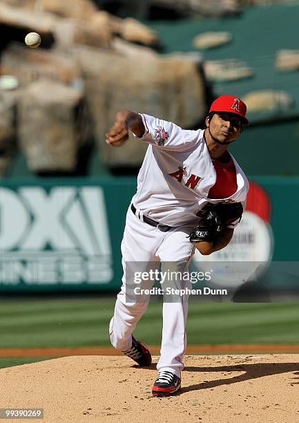 Ervin Santana of the Los Angeles Angels of Anaheim pitches against the Cleveland Indians on April 28, 2010 at Angel Stadium in Anaheim, California....