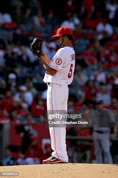 Ervin Santana of the Los Angeles Angels of Anaheim pitches against the Cleveland Indians on April 28, 2010 at Angel Stadium in Anaheim, California....