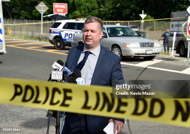 Det. James Cullen makes a statement at the scene of a fatal car accident on Sunrise Highway on July 5, 2018 in West Babylon, New York. According to...