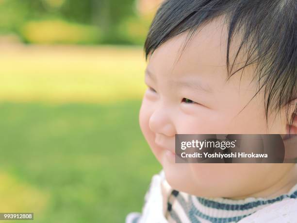 toddler girl ( 6-11 months ) portrait on lawn at park under sunshine - stadtteil koto stock-fotos und bilder