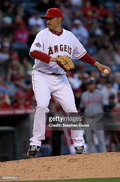 Brian Fuentes of the Los Angeles Angels of Anaheim pitches in the ninth inning against the Cleveland Indians on April 28, 2010 at Angel Stadium in...