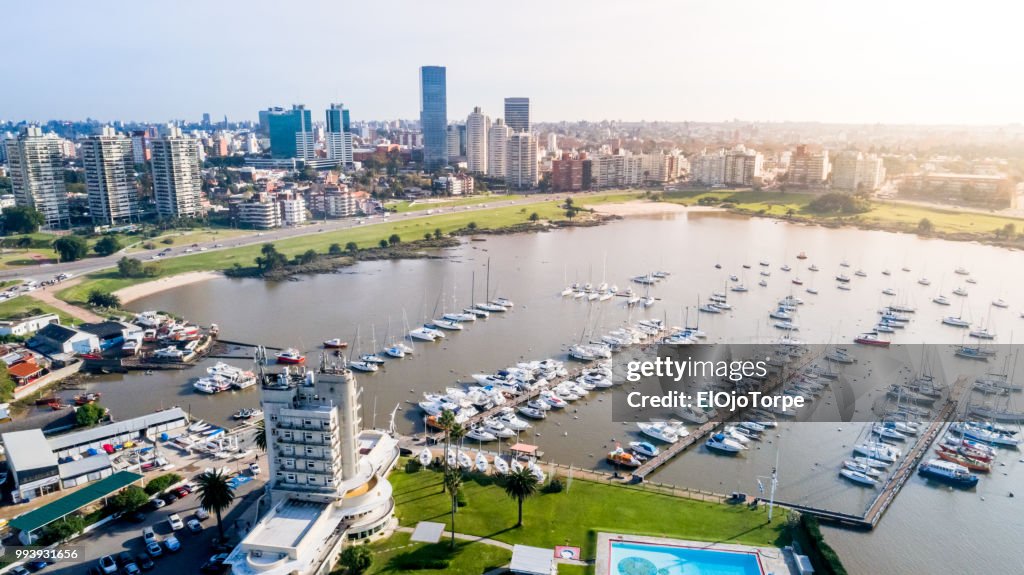 High angle view of Montevideo's coastline, Puertito del Buceo, Pocitos neighbourhood, Uruguay