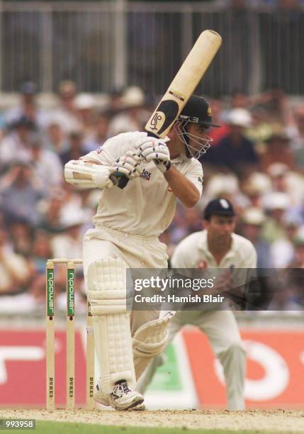 Justin Langer of Australia hits out, during day one of the Fifth Test between England and Australia, at The Oval, London, England. DIGITAL IMAGE...