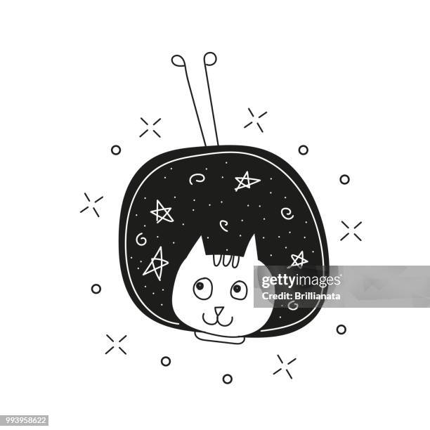 Cute cat in space print. Childish vector illustration in doodle style for kids