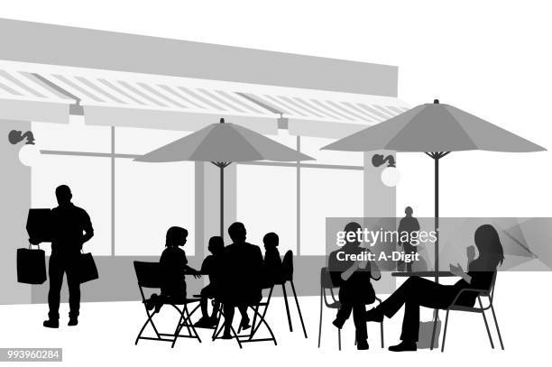 illustrazioni stock, clip art, cartoni animati e icone di tendenza di brunch patio per famiglie - realism