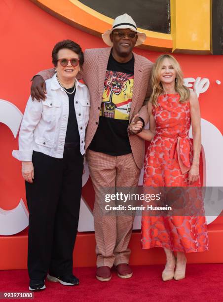 Billie Jean King, Samuel L Jackson and Holly Hunter attend the 'Incredibles 2' UK premiere at BFI Southbank on July 8, 2018 in London, England.