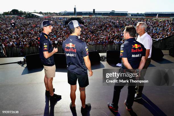 Daniel Ricciardo of Australia and Red Bull Racing, Max Verstappen of Netherlands and Red Bull Racing and Red Bull Racing Team Principal Christian...