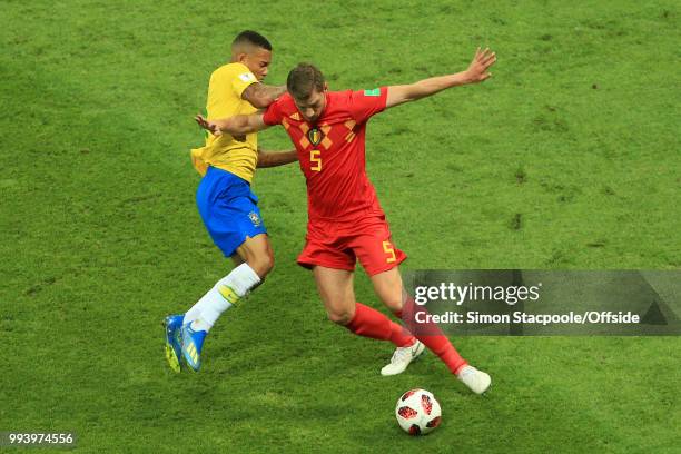 Jan Vertonghen of Belgium battles with Gabriel Jesus of Brazil during the 2018 FIFA World Cup Russia Quarter Final match between Brazil and Belgium...